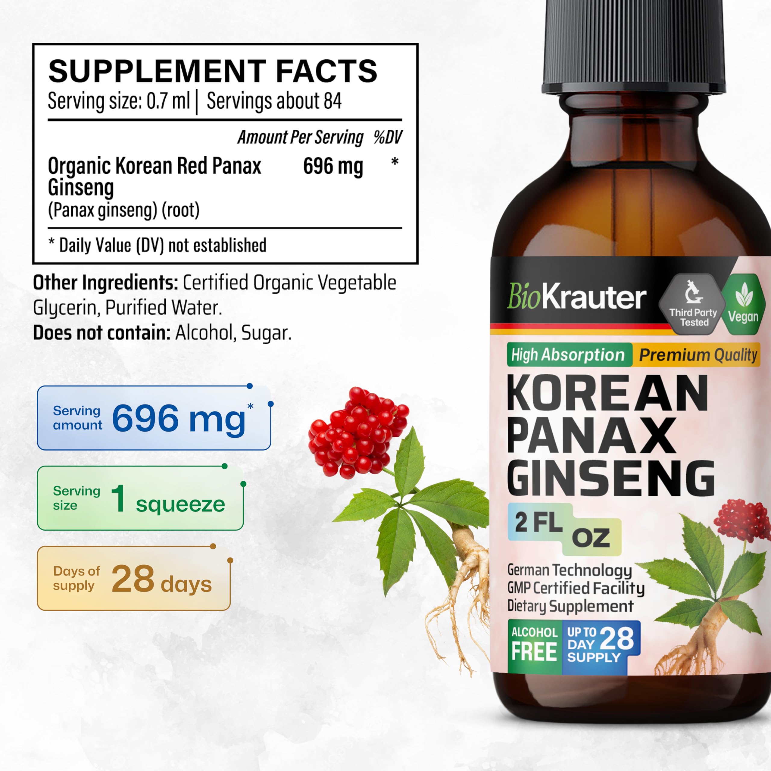 BIO KRAUTER Ginseng label graphic highlights vegan and alcohol-free formulation.