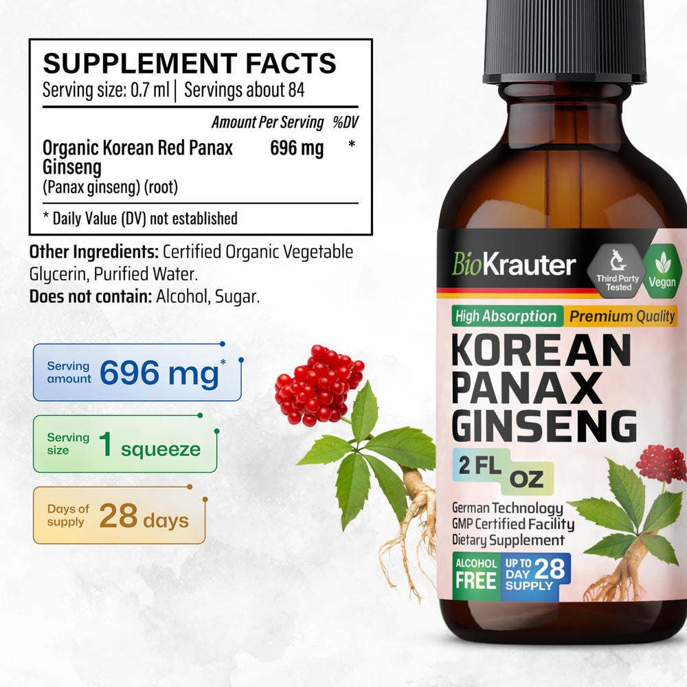 BIO KRAUTER Ginseng label graphic highlights vegan and alcohol-free formulation.