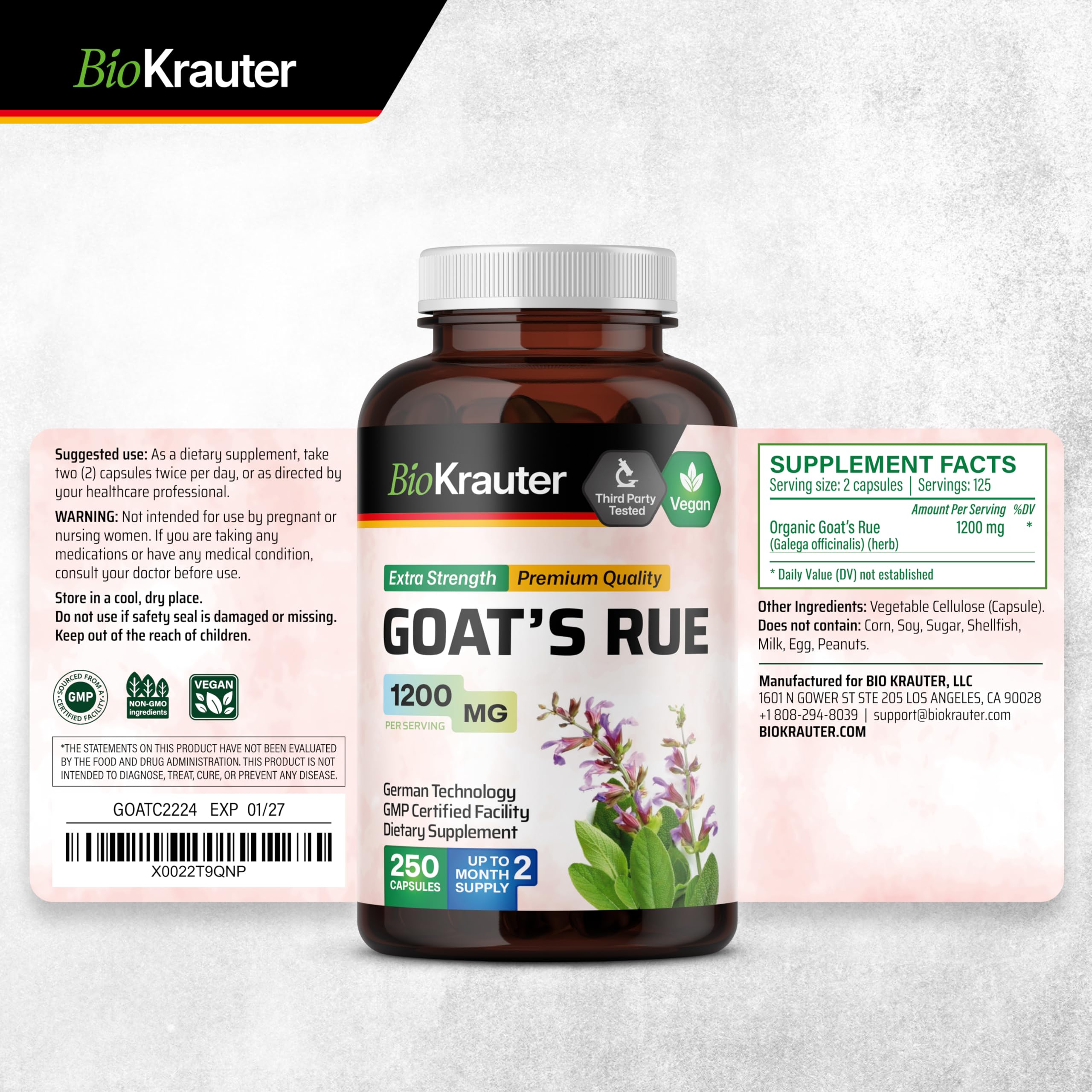 BIO KRAUTER goats rue capsules bottle and spoon—easy daily routine.