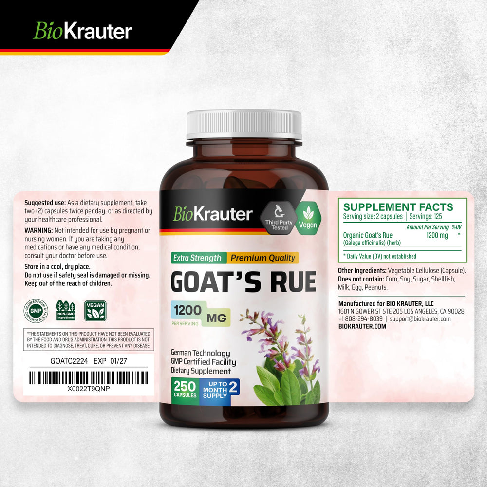 BIO KRAUTER goats rue capsules bottle and spoon—easy daily routine.