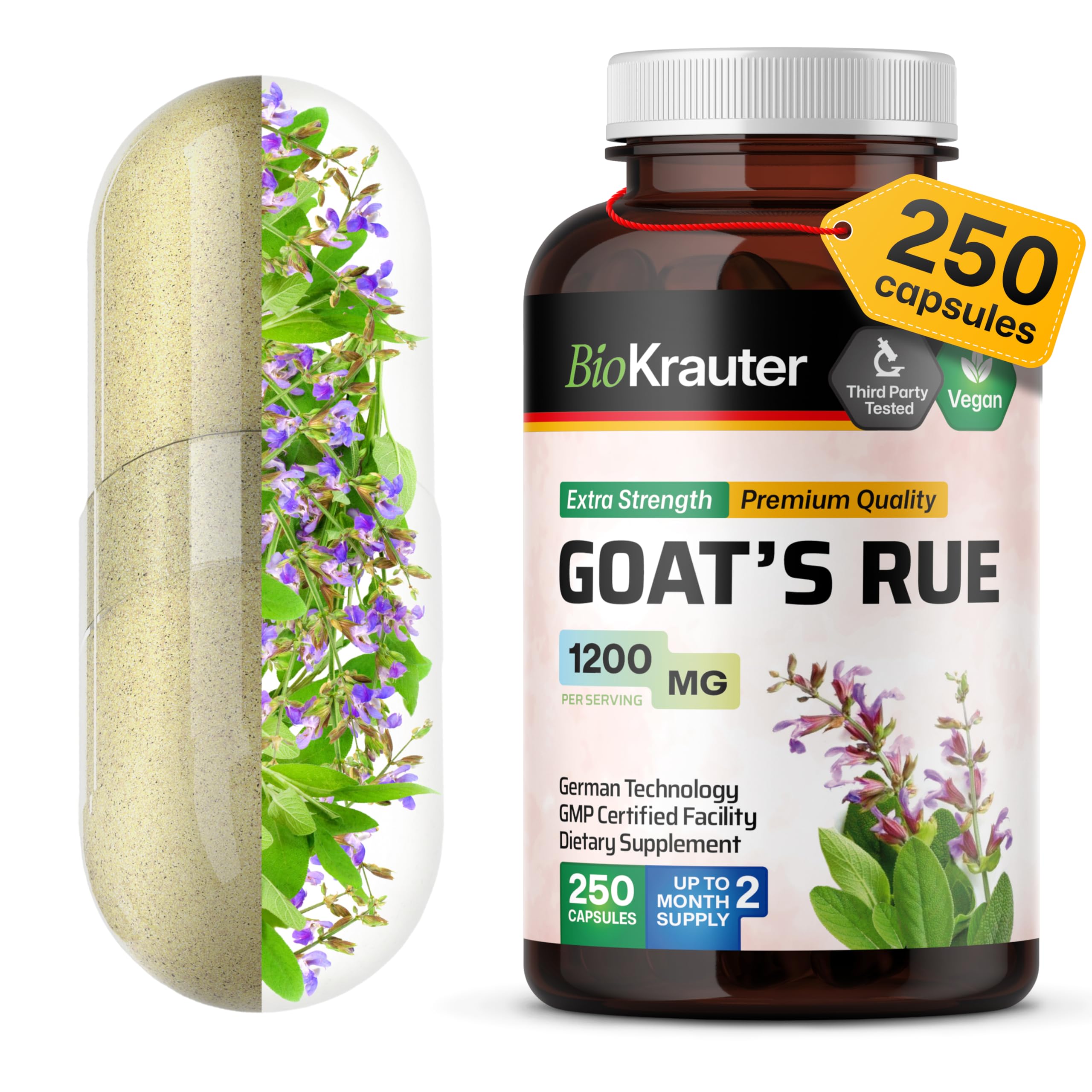 BIO KRAUTER goats rue capsules bottle—vegan, non-GMO lactation support.