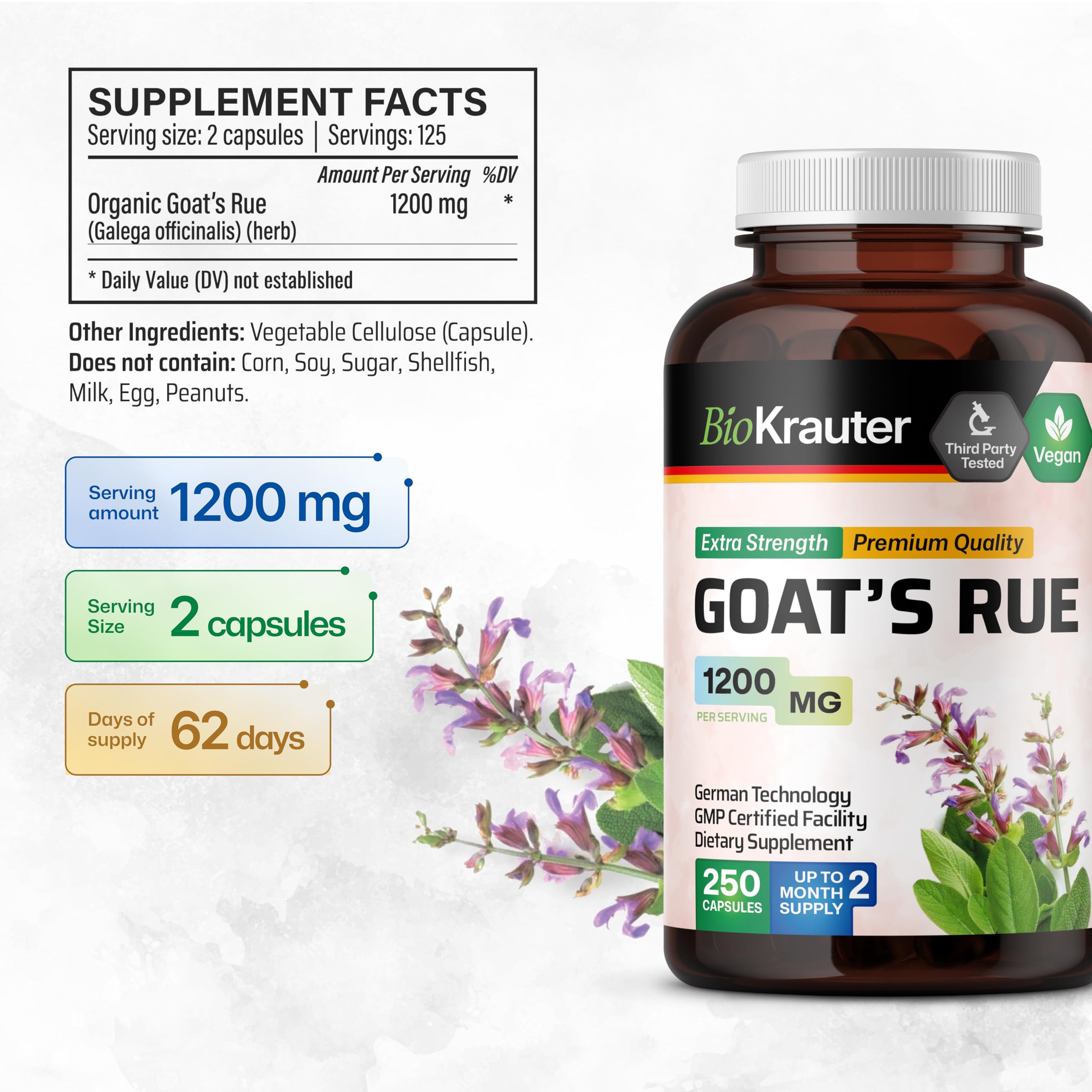 BIO KRAUTER goats rue capsules closeup—vegetarian capsules with natural herb extract.