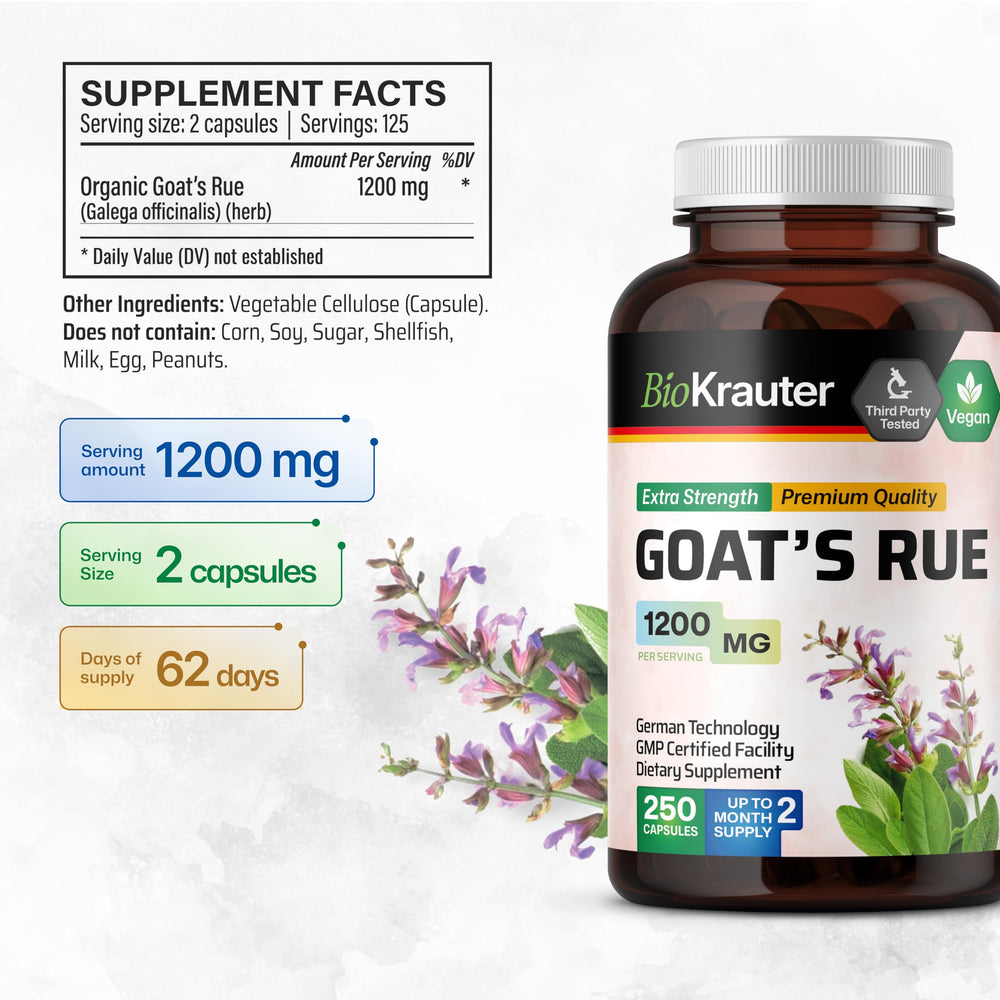 BIO KRAUTER goats rue capsules closeup—vegetarian capsules with natural herb extract.