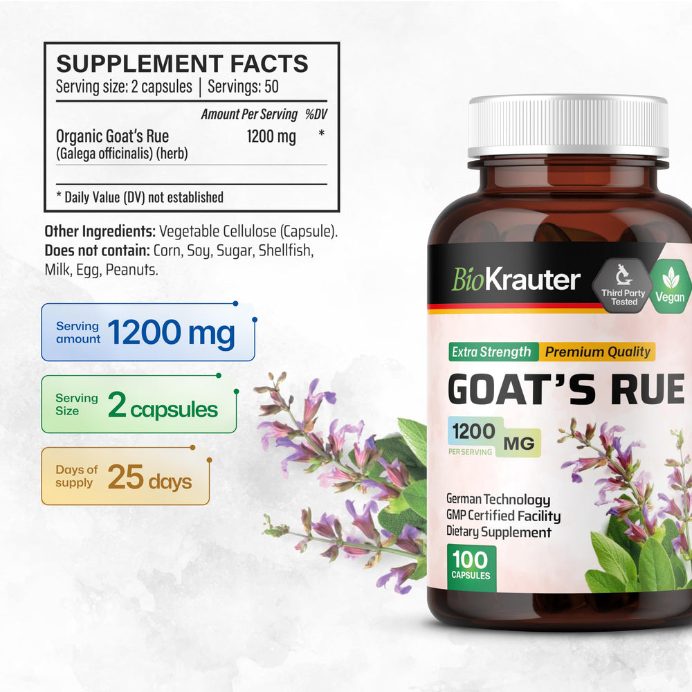 BIO KRAUTER Goats Rue Capsules label detail showing Galega officinalis source.