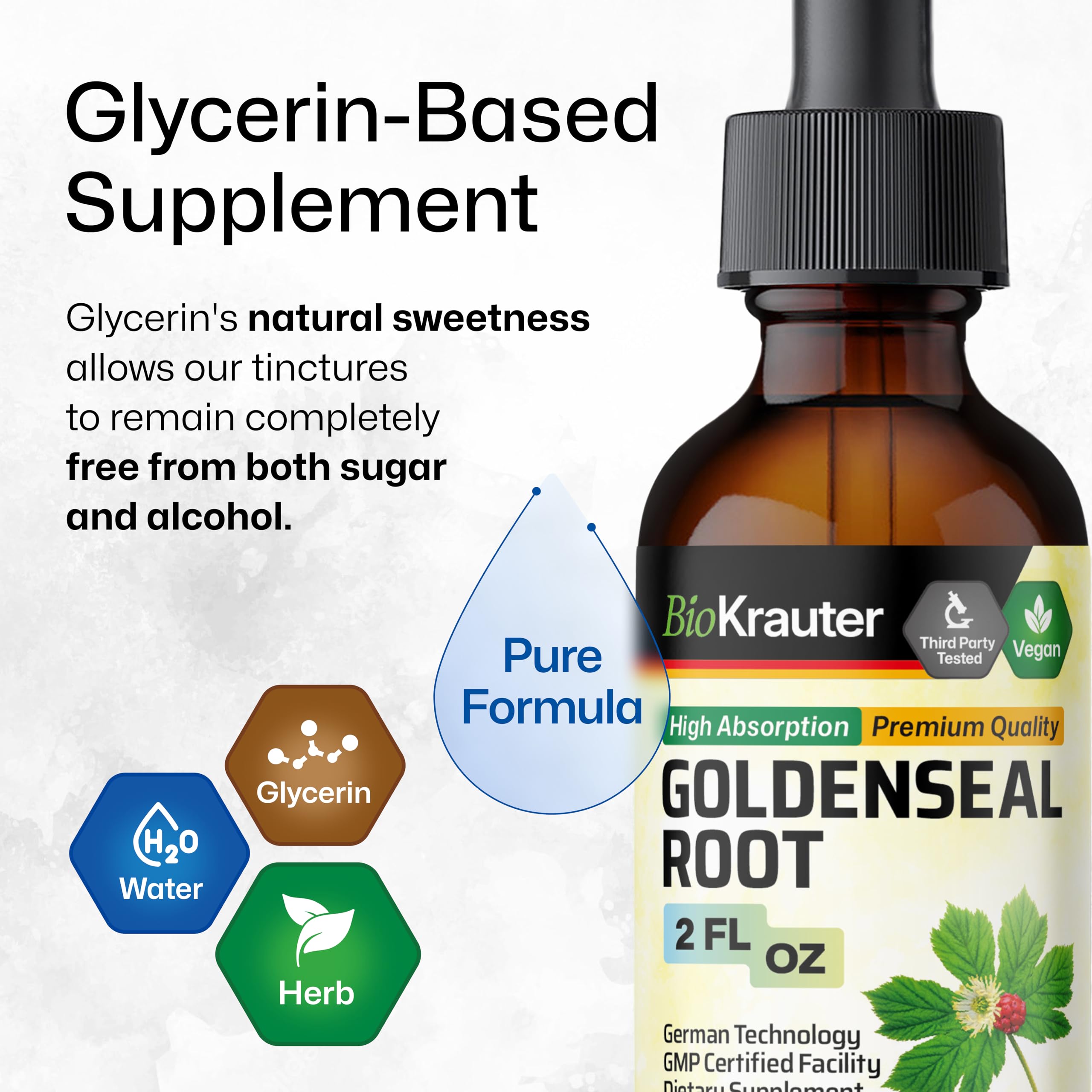 BIO KRAUTER Goldenseal ingredients—water, glycerin, and herb—simple formula.