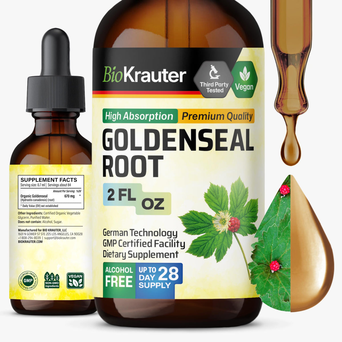 BIO KRAUTER Goldenseal Root tincture bottle showing the smooth, alcohol-free daily option.