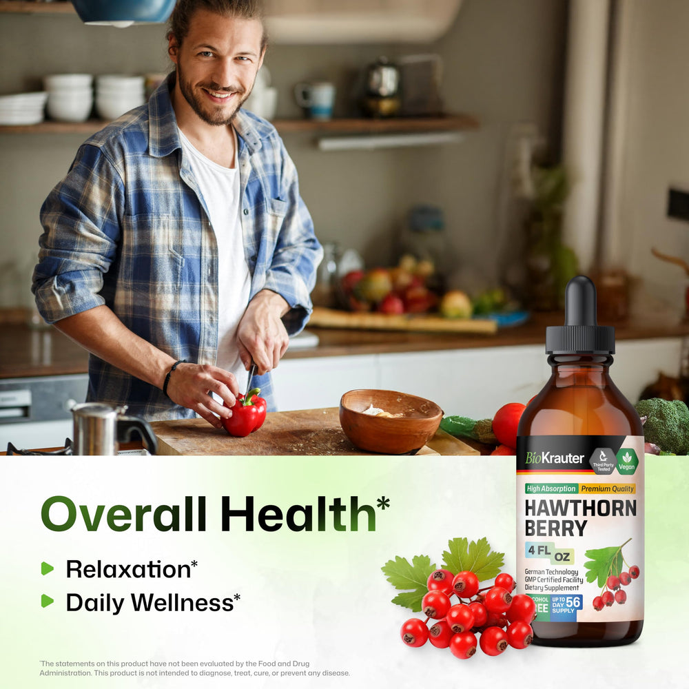 BIO KRAUTER Hawthorn bottle label highlights vegan, alcohol-free formula.