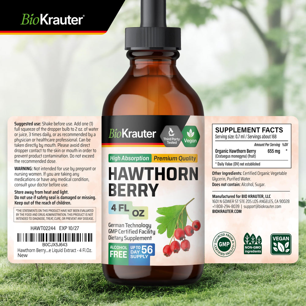 BIO KRAUTER Hawthorn tincture drops ready to add to daily beverage.