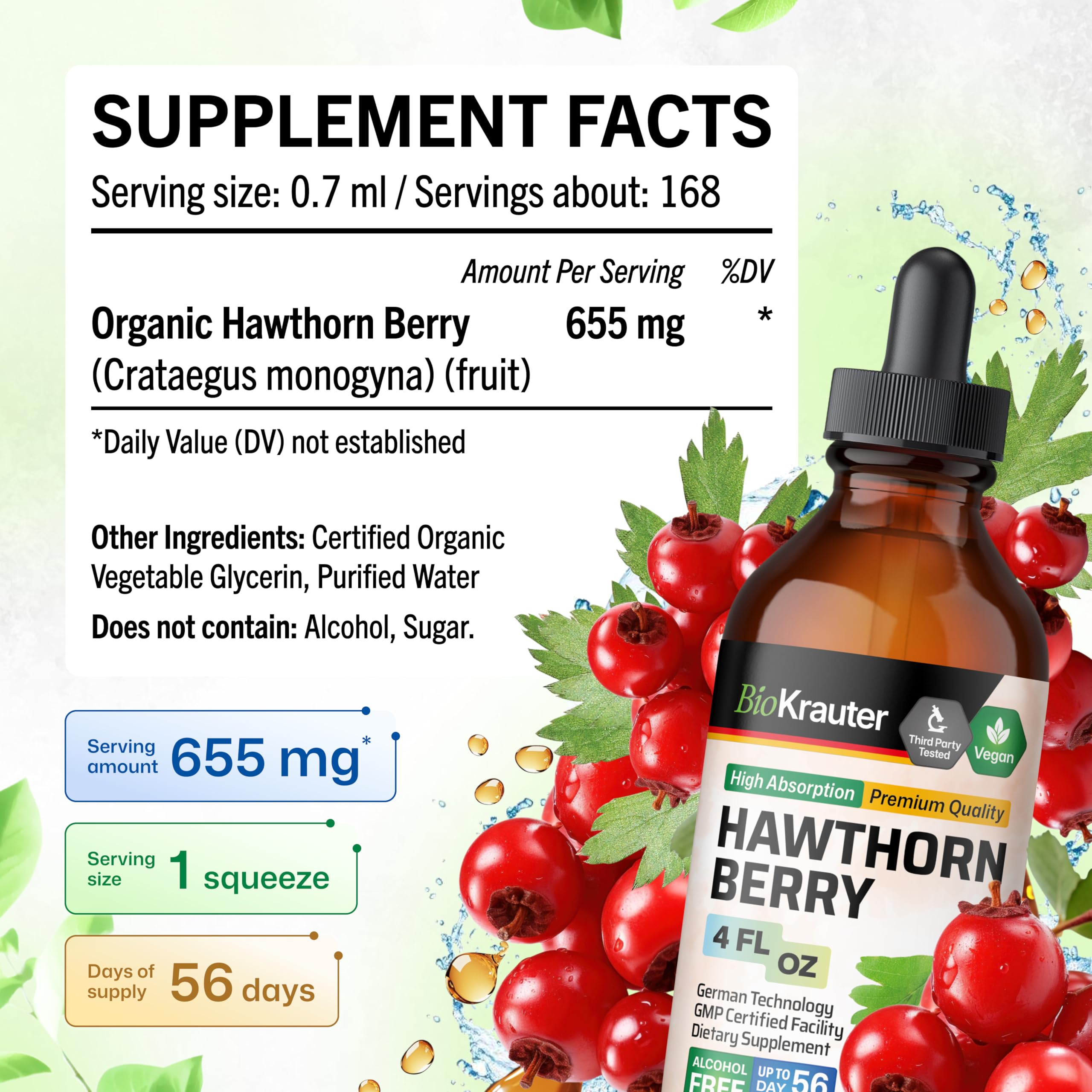 BIO KRAUTER Hawthorn Drops shown with a glass of water for easy mixing.