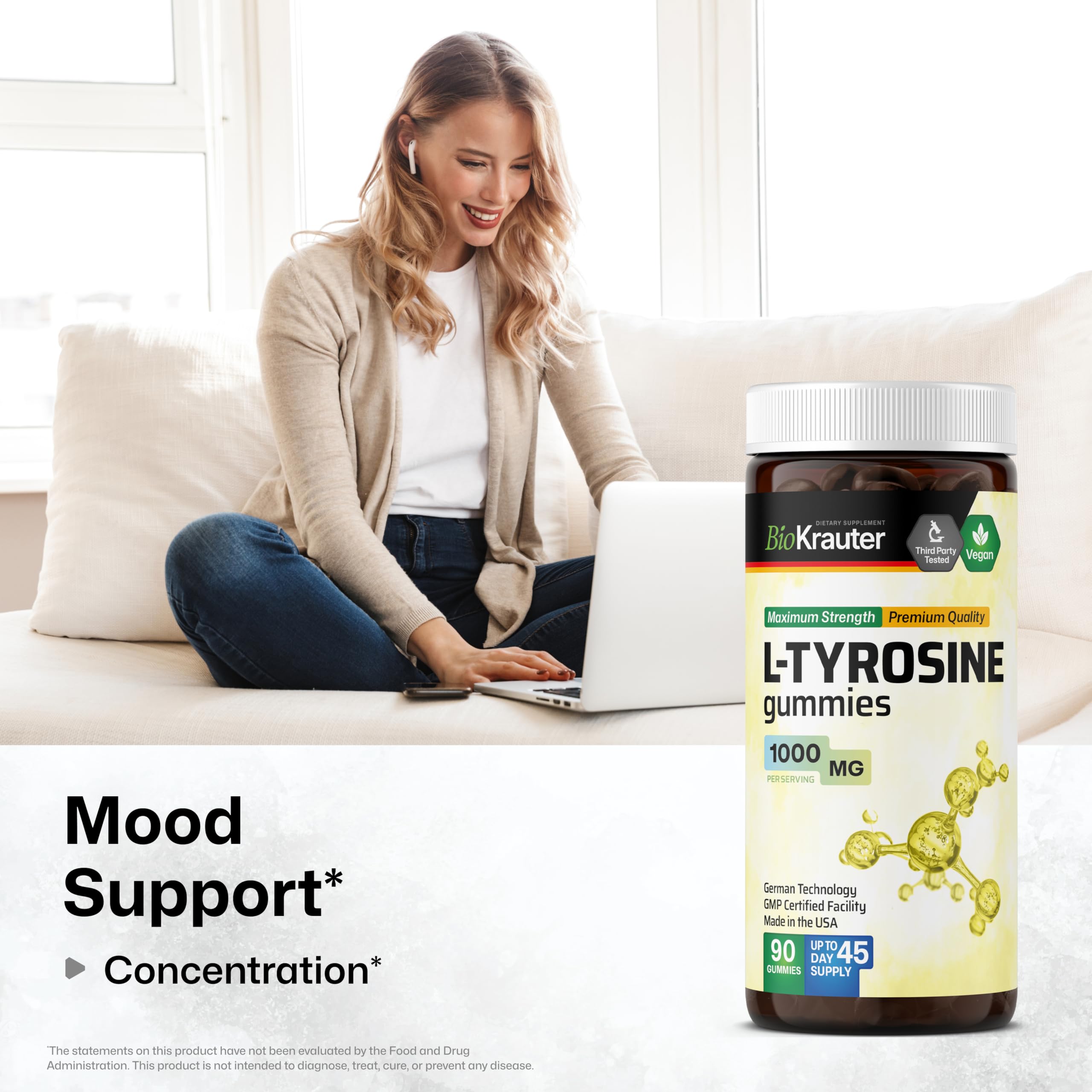 Bio Krauter L Tyrosine gummies bottle open for easy daily chewing.