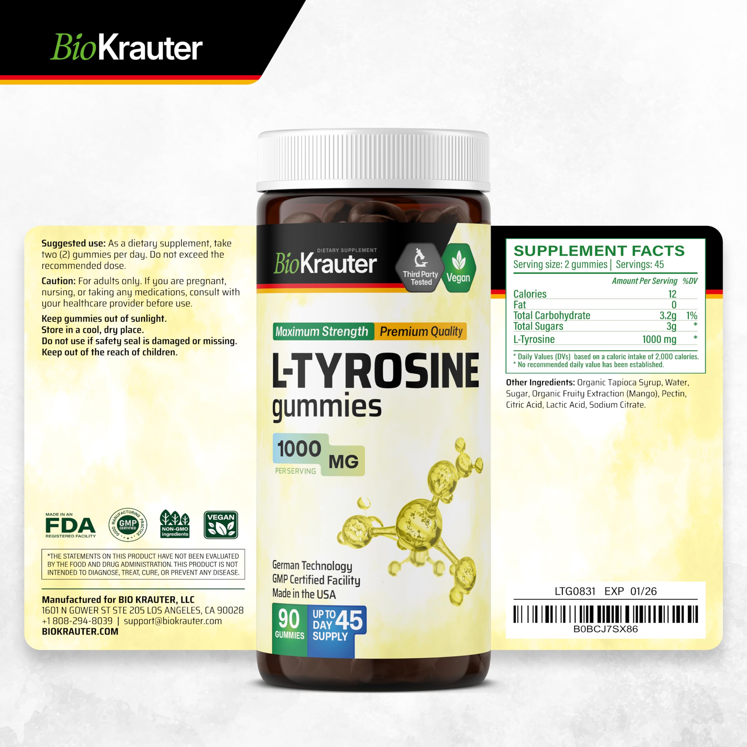 Bio Krauter L Tyrosine gummies dosage view suggests serving size.