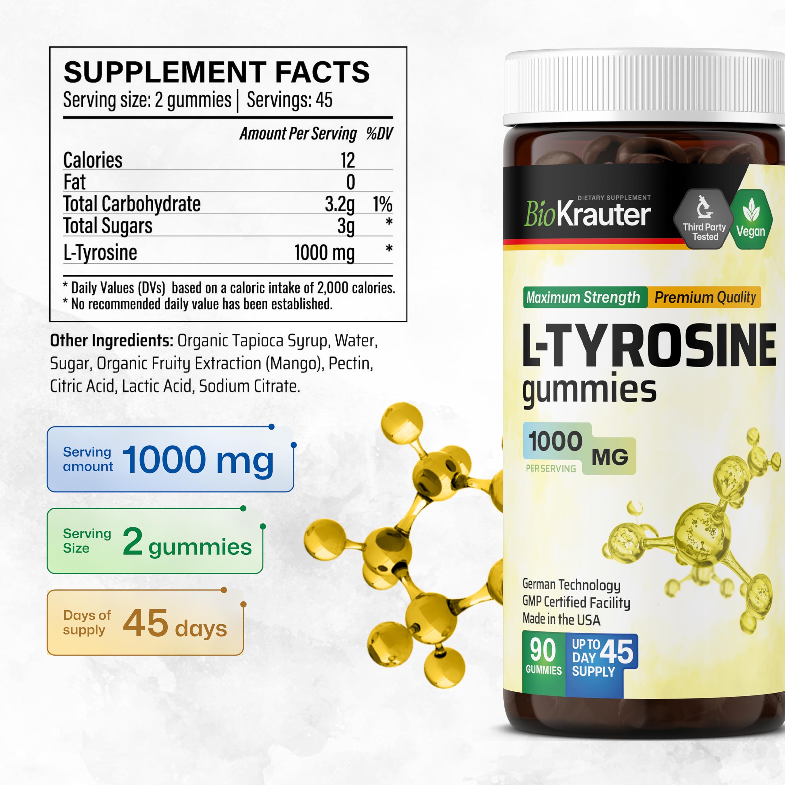 Bio Krauter L Tyrosine gummies close-up texture shows chewable form.