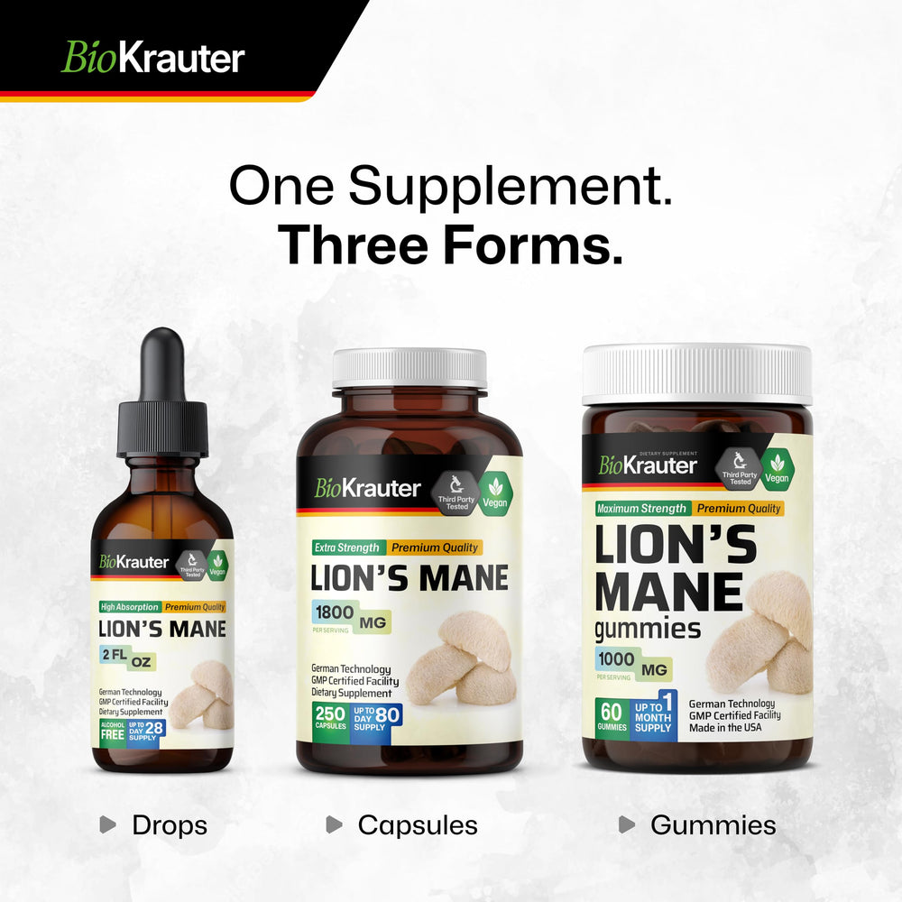 BIO KRAUTER Lions Mane liquid extract bottle highlights high absorption potential.