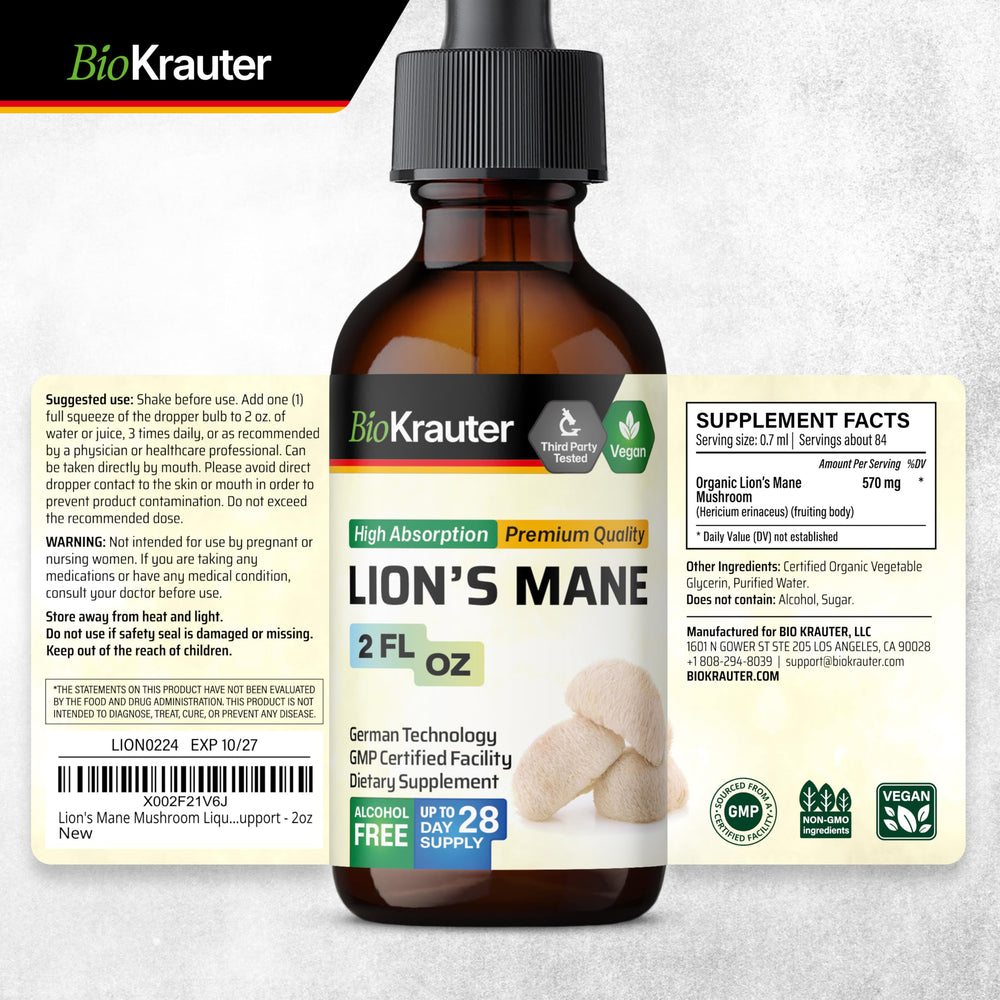 BIO KRAUTER Lions Mane liquid extract bottle on wood table for home use.