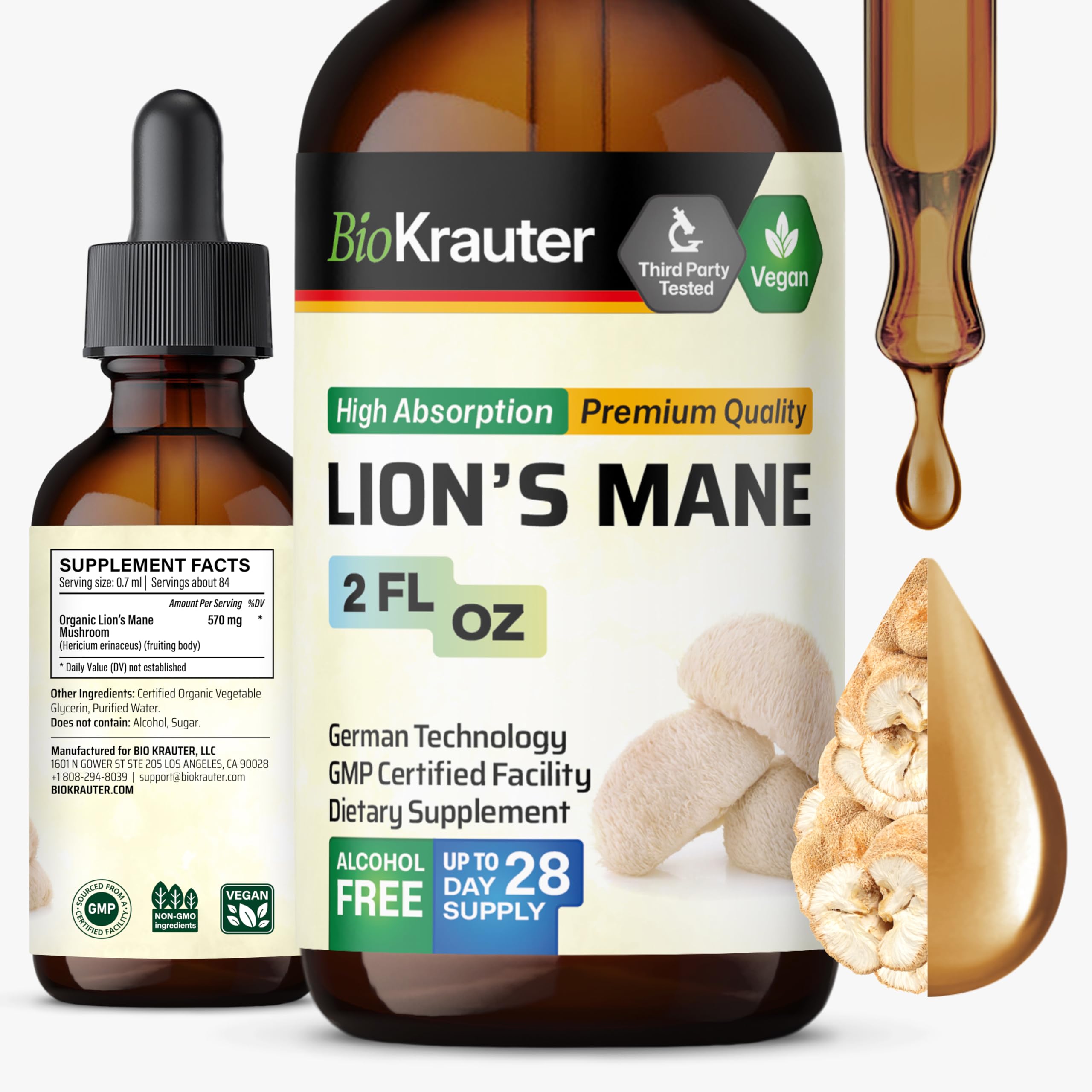 BIO KRAUTER Lions Mane liquid extract bottle for brain support and convenient vegan drops.