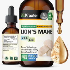 BIO KRAUTER Lions Mane liquid extract bottle for brain support and convenient vegan drops.