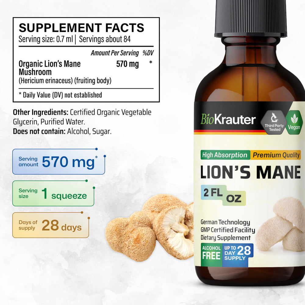 BIO KRAUTER Lions Mane liquid extract ingredients water and glycerin for smooth flavor.