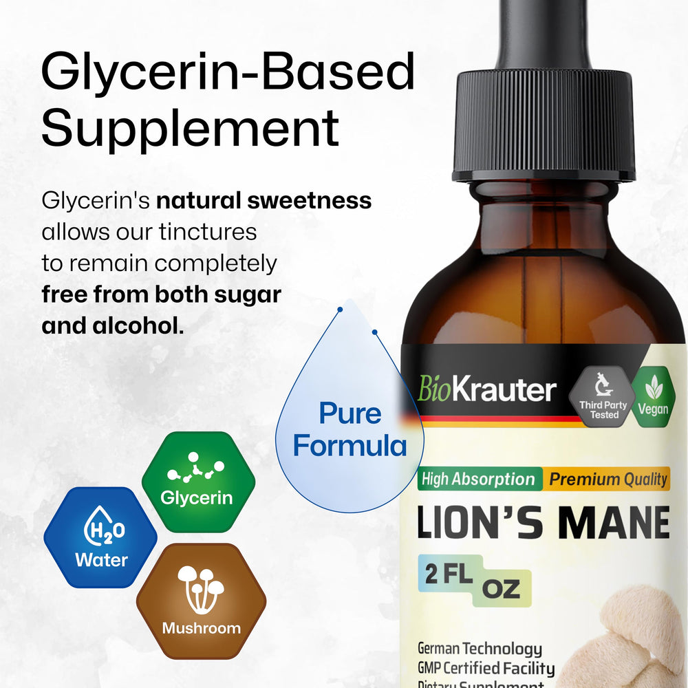 BIO KRAUTER Lions Mane liquid extract bottle on kitchen counter, ready to use.