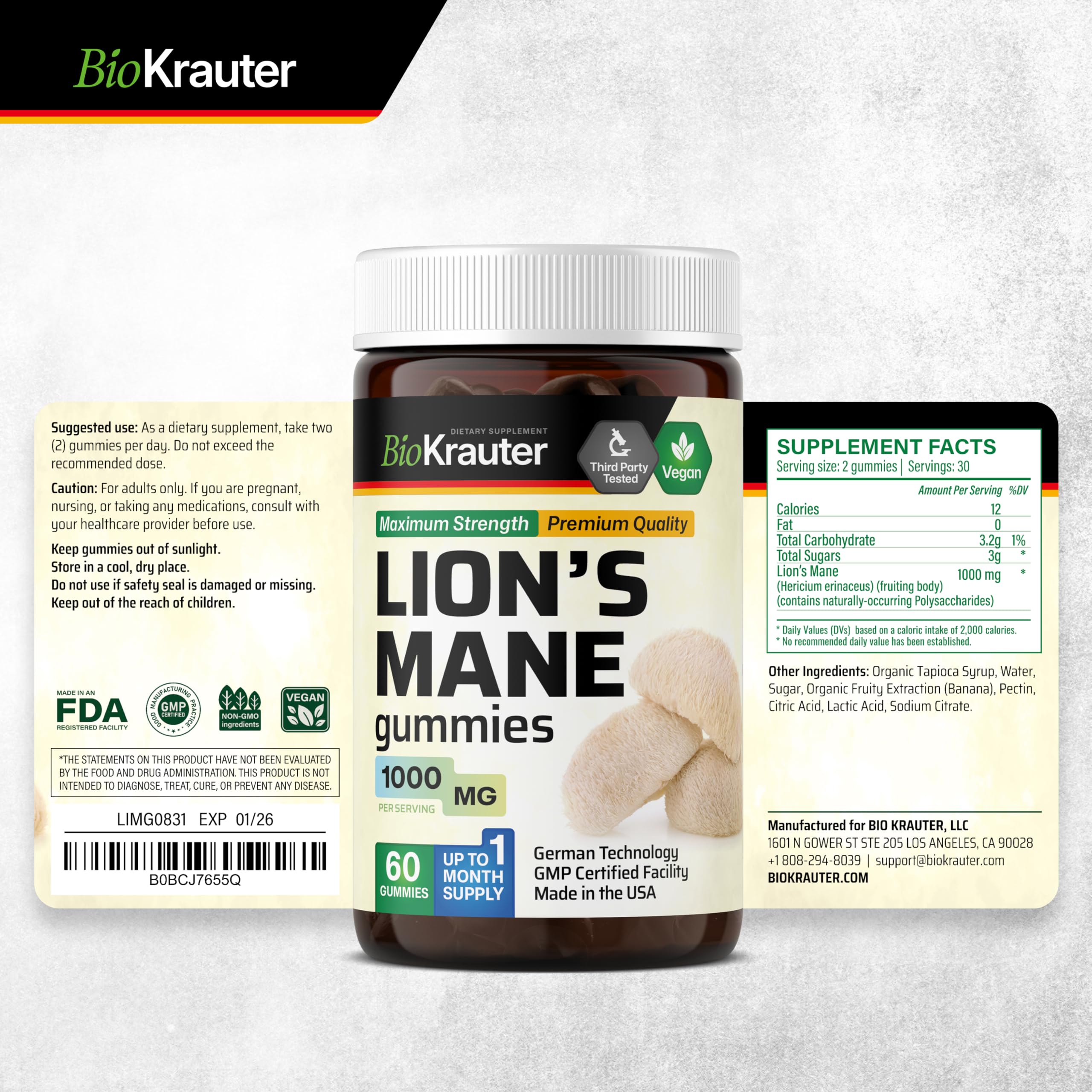 60 gummies in a BIO KRAUTER Lions Mane packaging