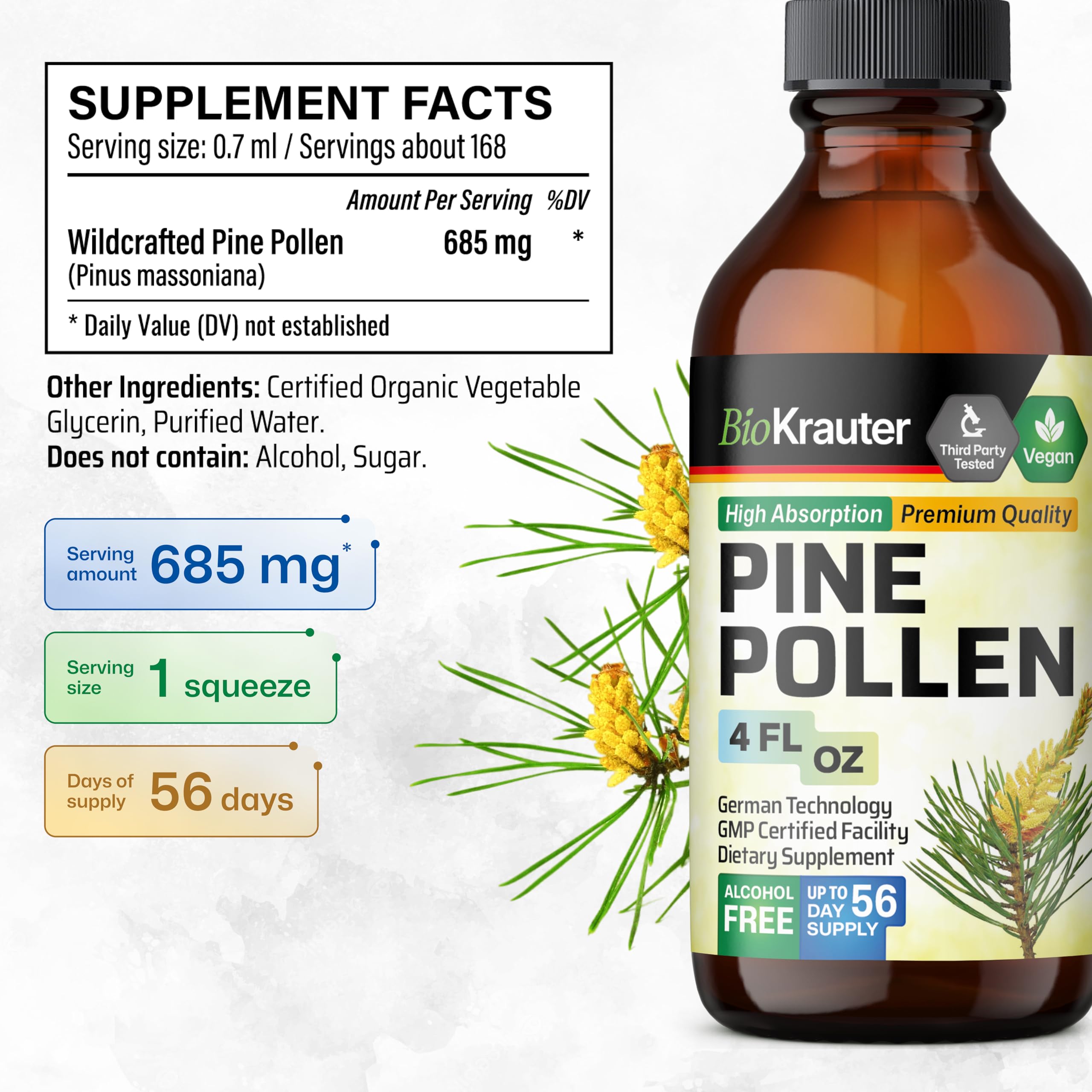Amber liquid in glass bottle highlights alcohol-free, clean formula