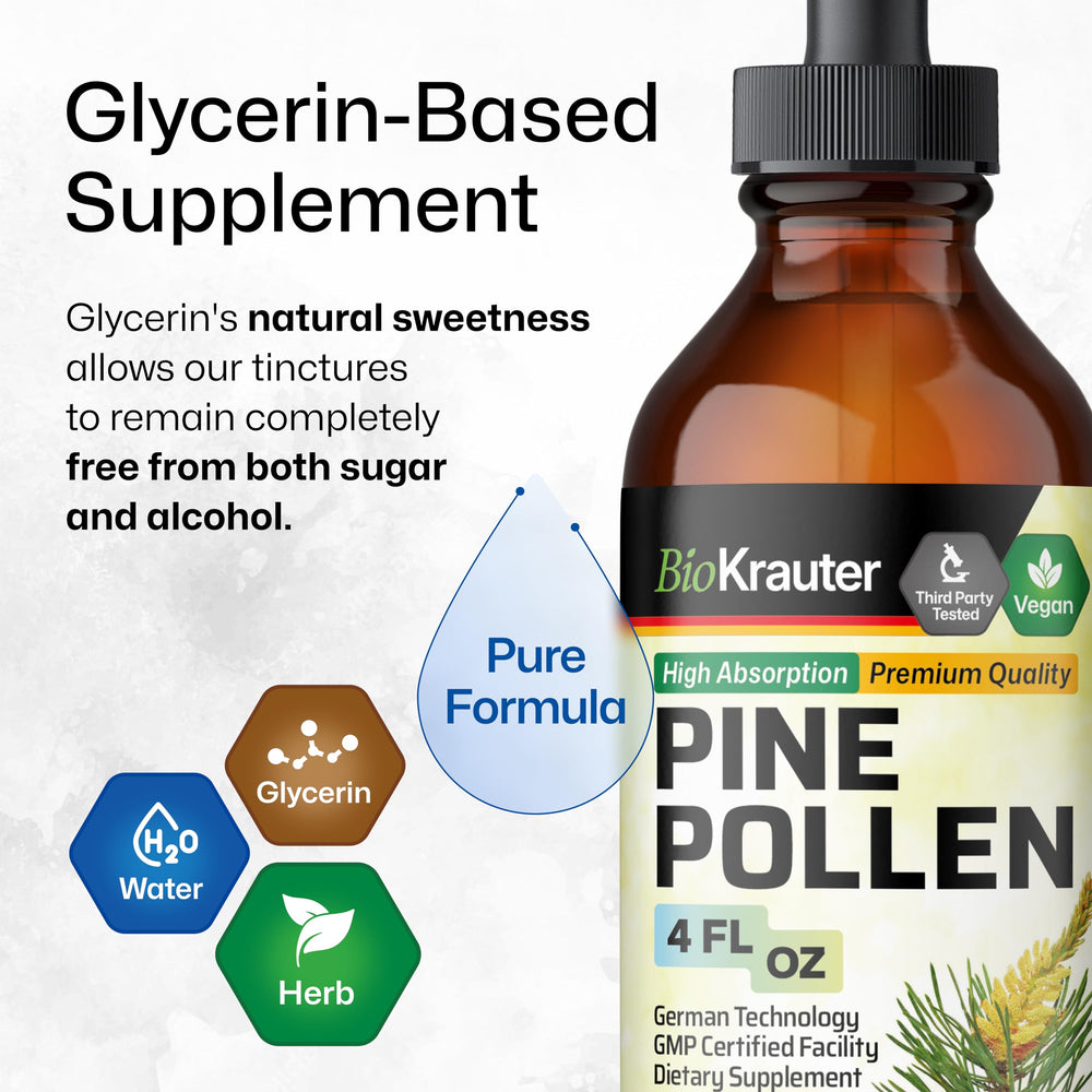 Pine pollen powder and liquid texture shown for versatile mixing