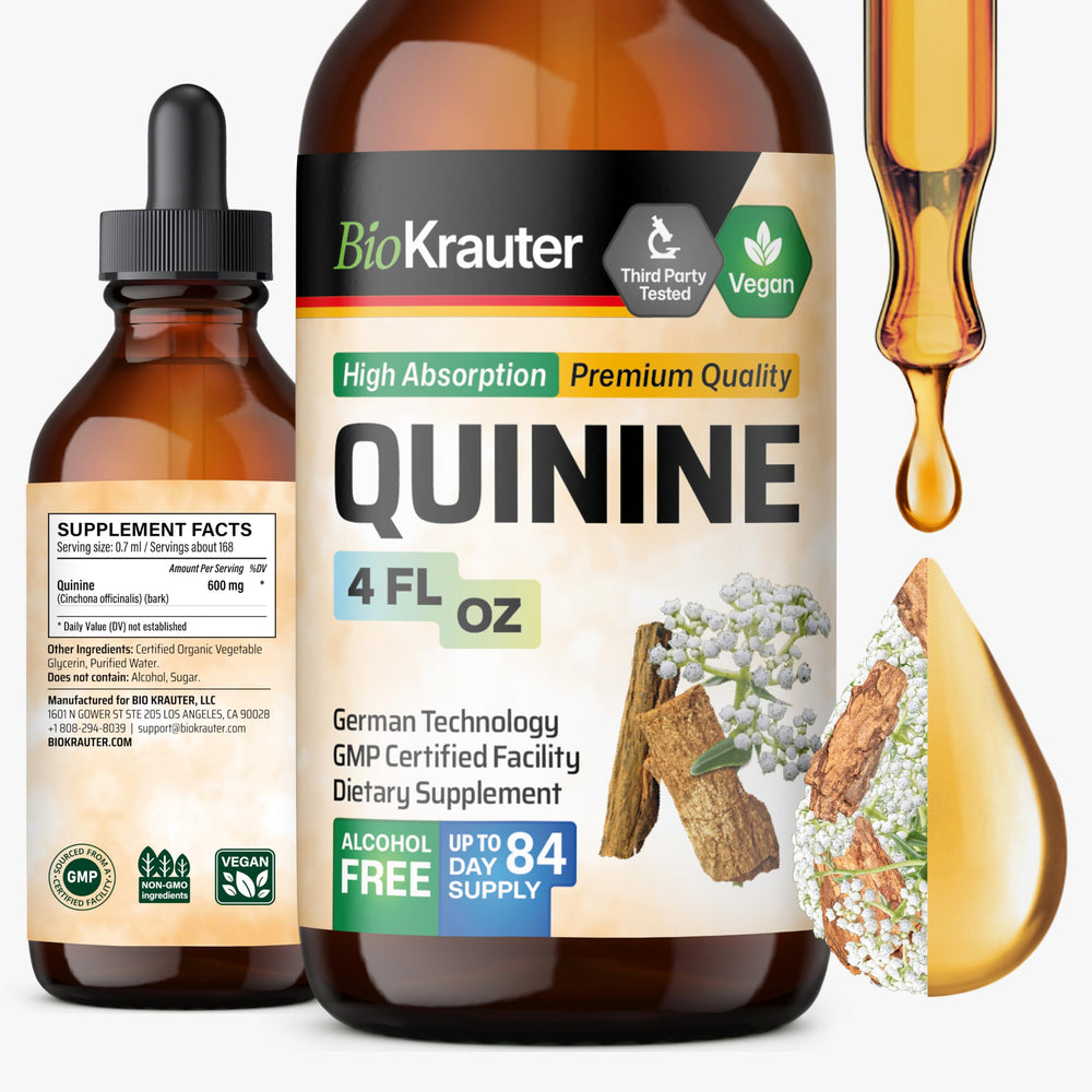 BIO KRAUTER Quinine tincture bottle front, vegan formula for leg comfort.