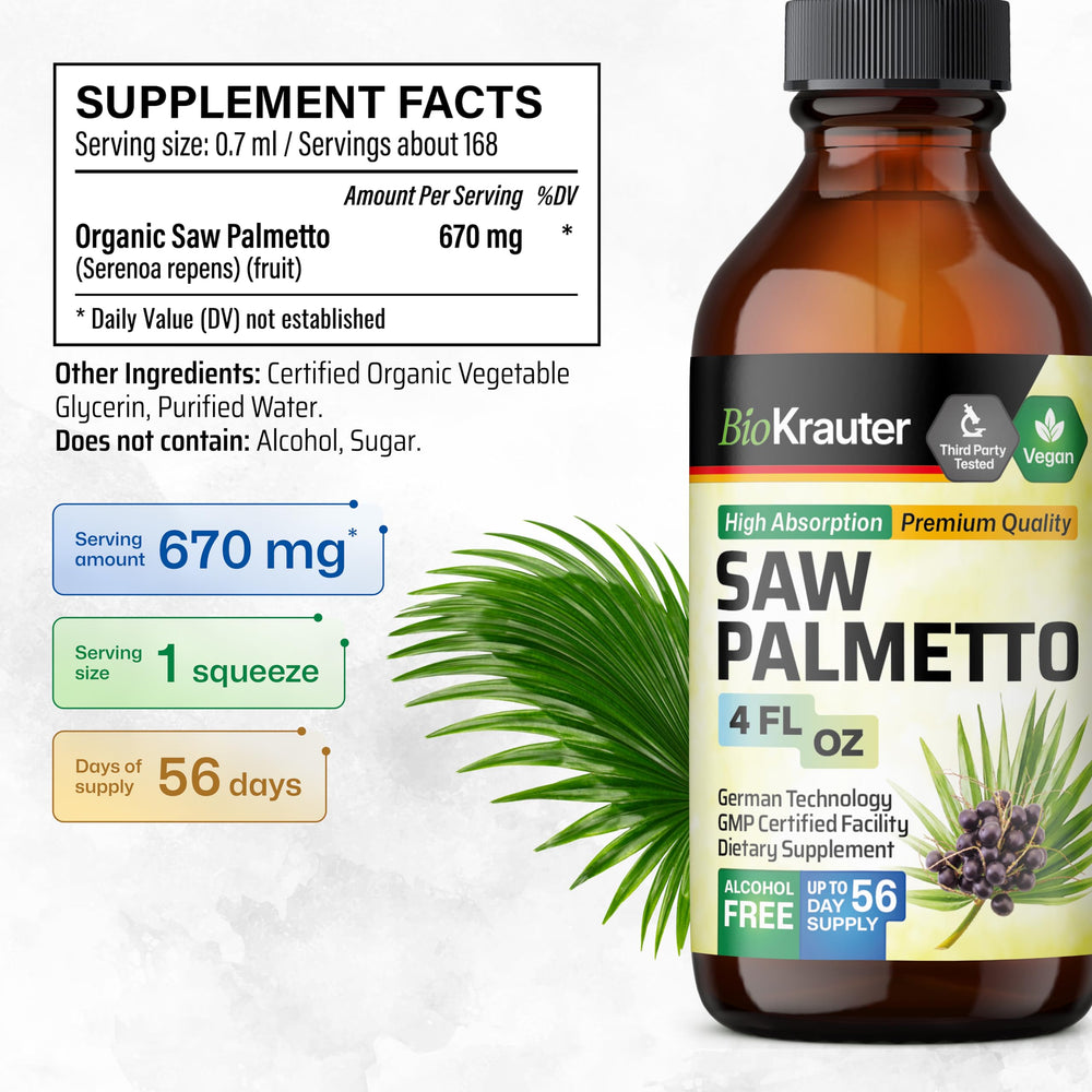 BIO KRAUTER Saw Palmetto bottle on wood suggesting natural wellness routine