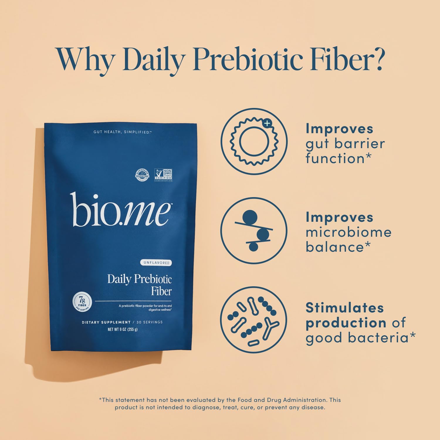 Bio.me fiber powder bottle with glass of water for easy daily hydration