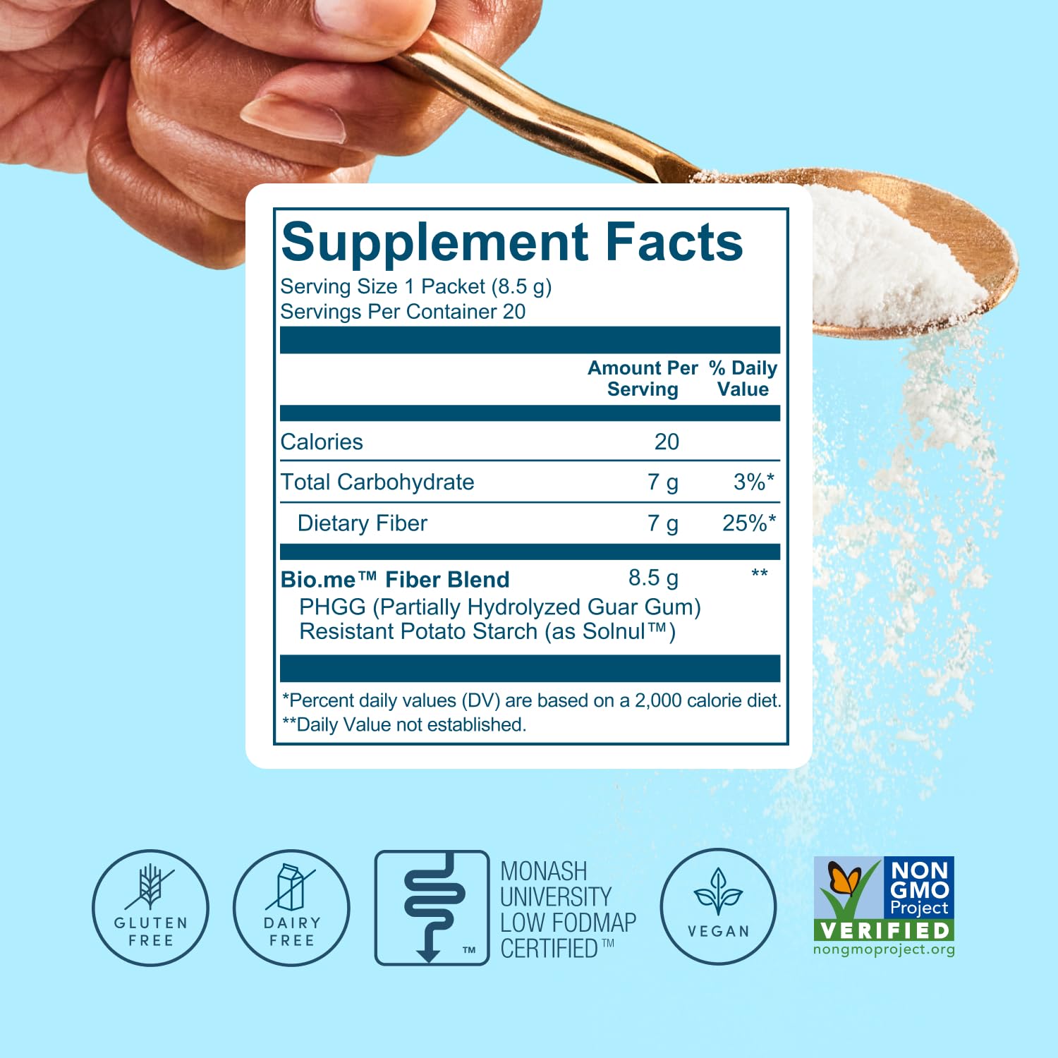 Bio.me fiber powder glyphosate-free badge shown on packaging.