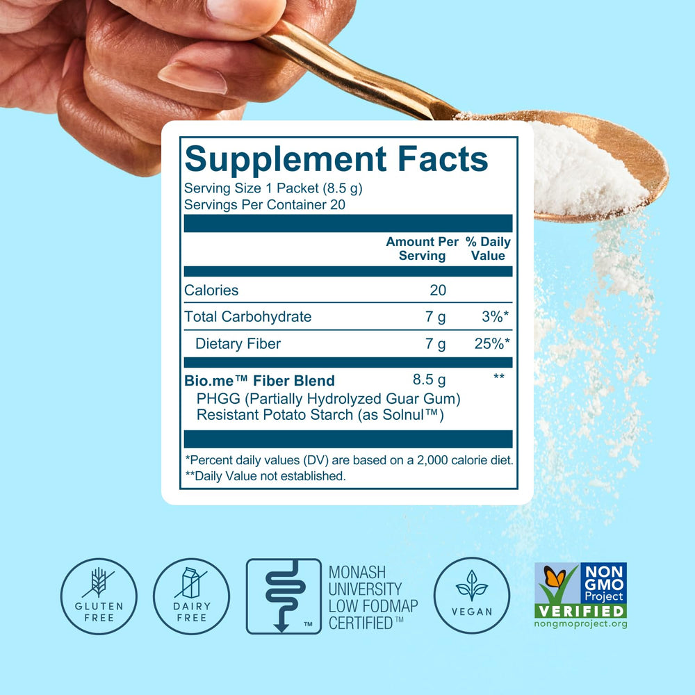 Bio.me fiber powder glyphosate-free badge shown on packaging.