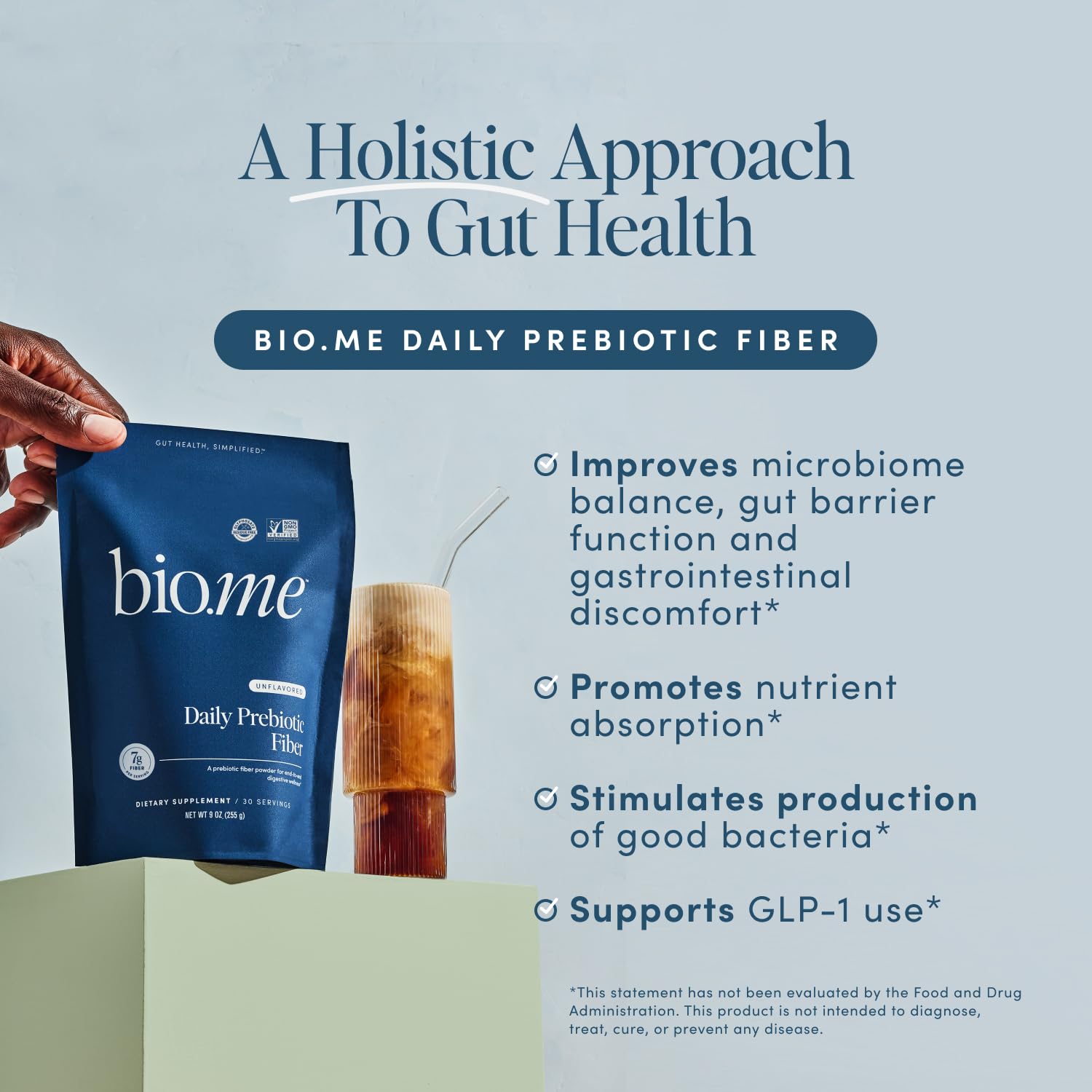 Bio.me Daily Prebiotic Fiber Powder bottle and pour spout illustrating convenient daily use