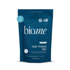 Bio.me Daily Prebiotic Fiber Powder jar close-up highlighting unflavored formula for gut health
