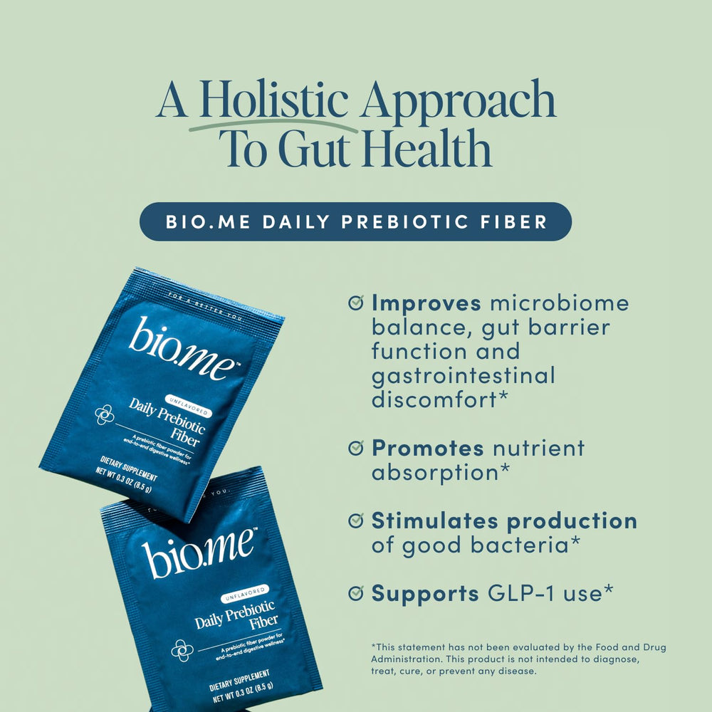 Bio.me Daily Prebiotic Fiber unflavored powder ready to mix into drinks.