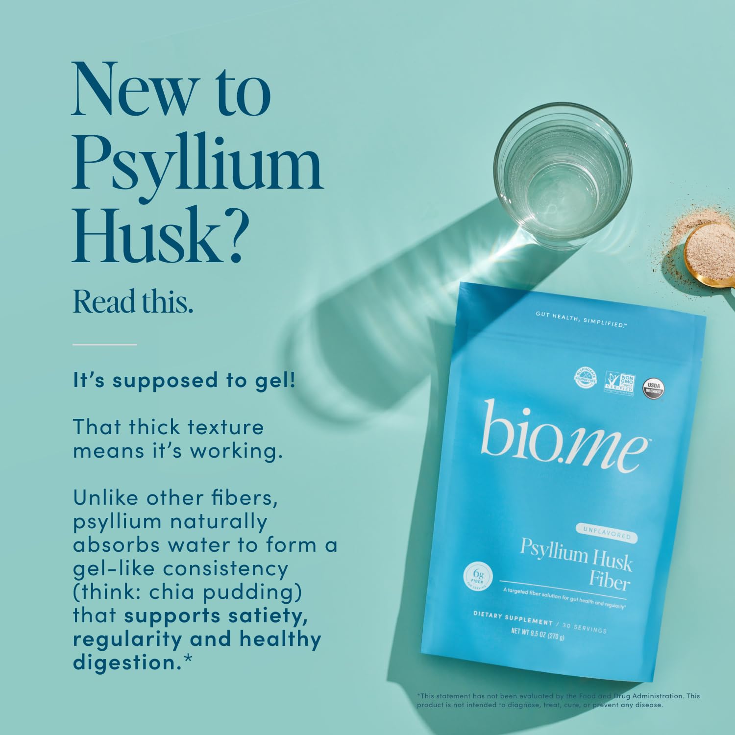 Bio.me psyllium husk fiber mixing water highlights thickening texture.