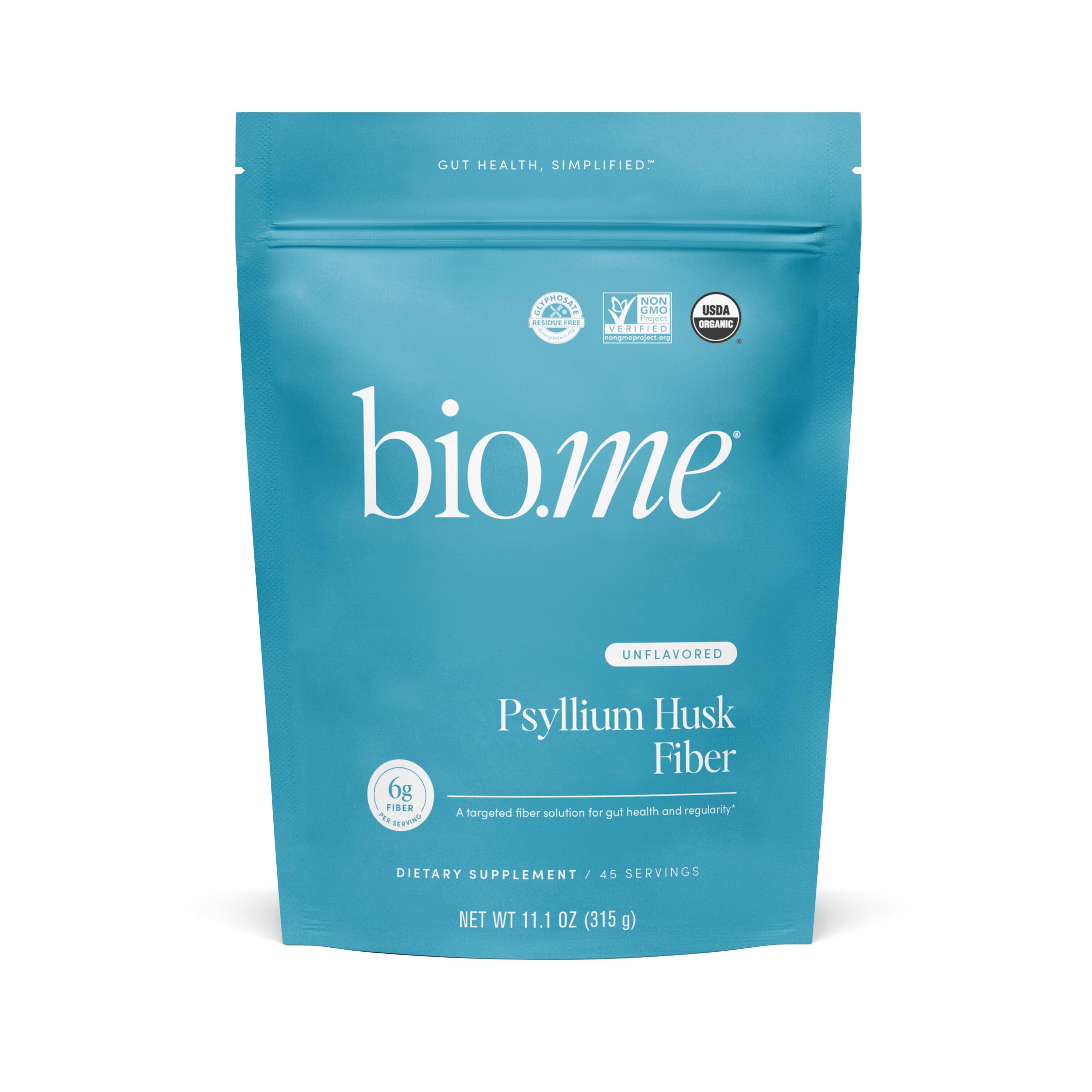 Bio.me psyllium husk fiber powder jar displays packaging and texture for daily use.