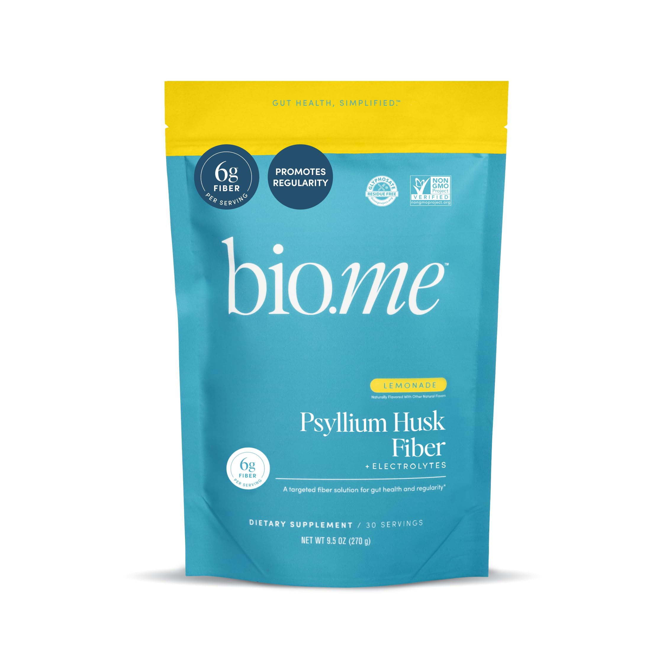 Bio.me Psyllium husk fiber powder with lemonade glass showing refreshing, fiber-rich beverage potential