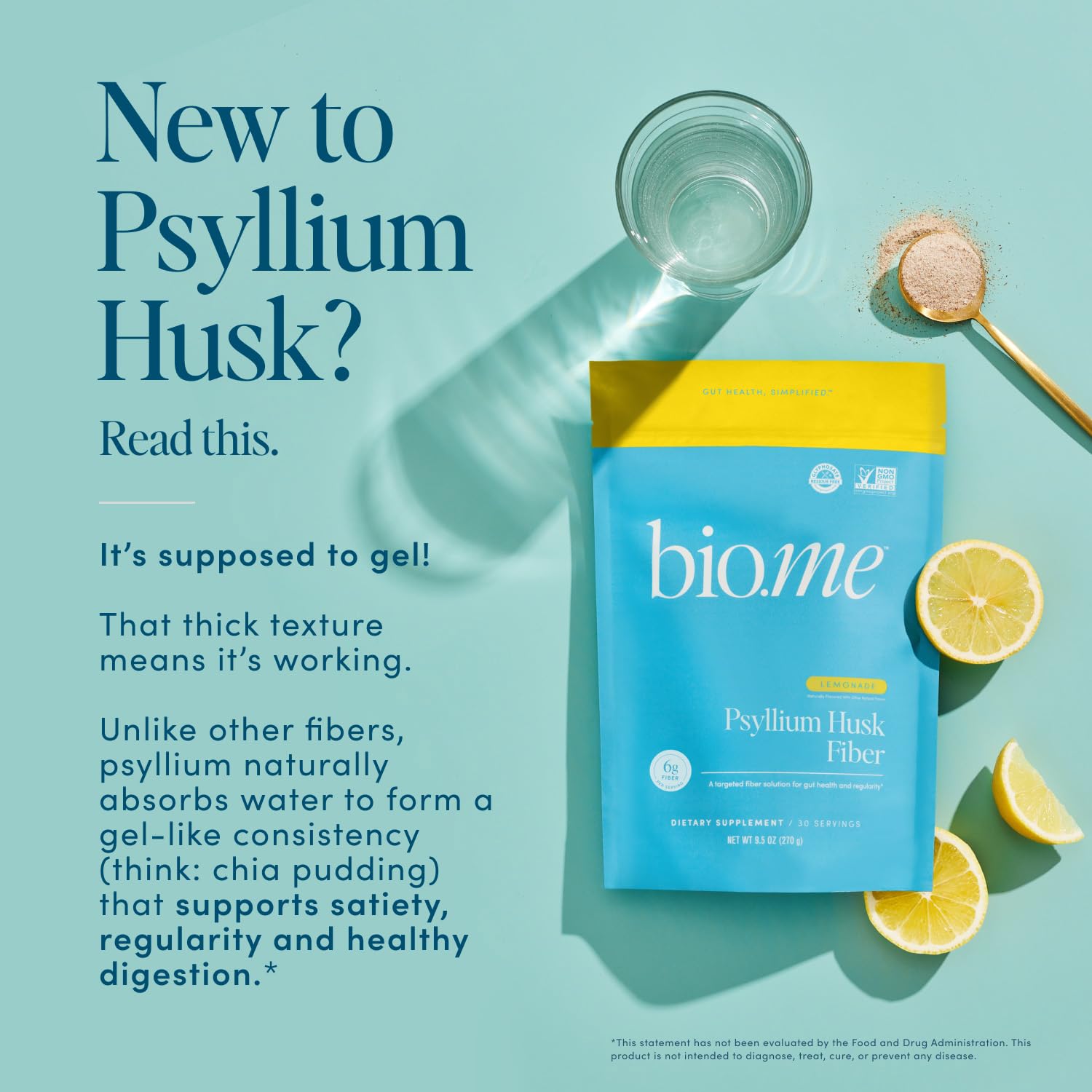 Bio.me Psyllium husk powder scoop and pour highlights quick preparation