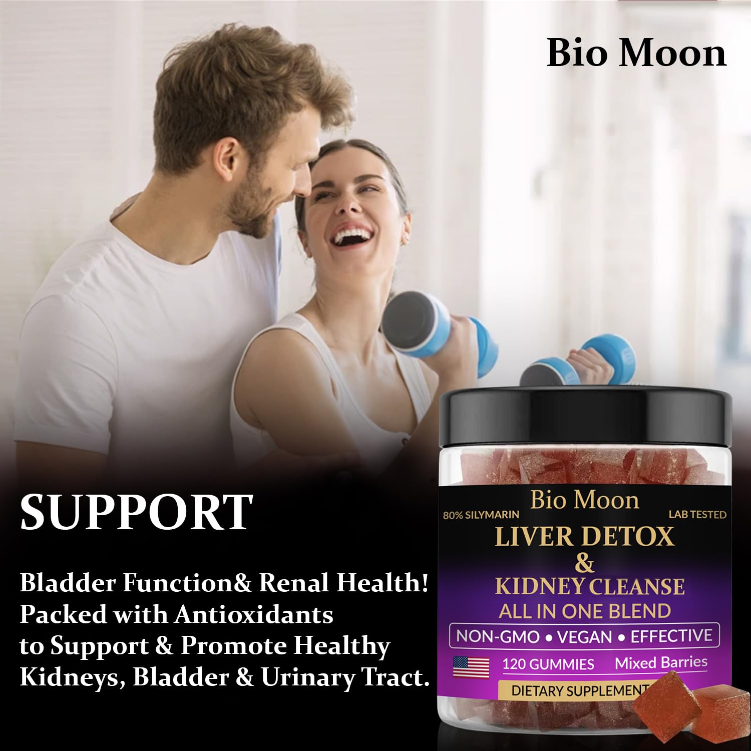 Bio Moon mixed berry gummies on a spoon ready for daily use