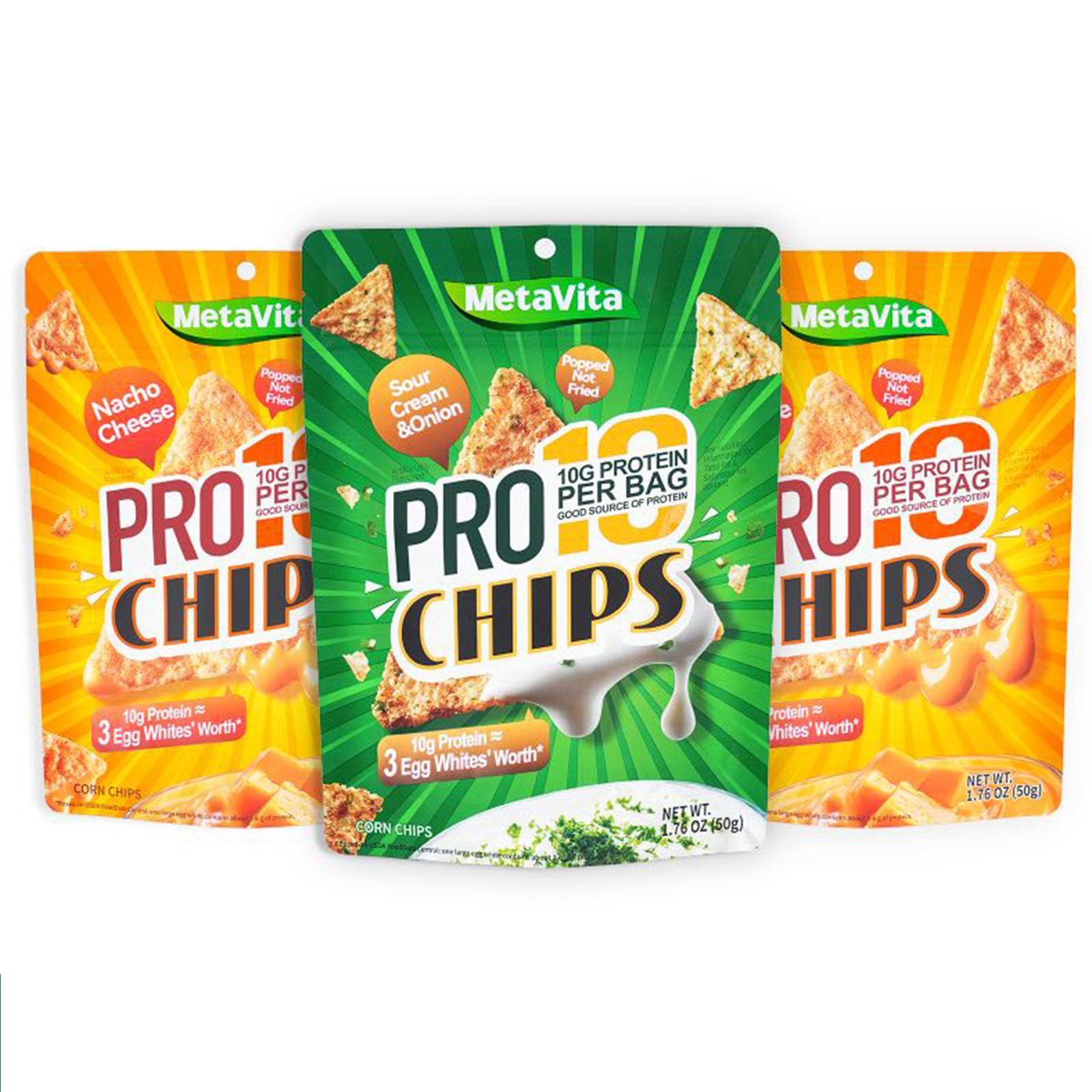BIO NUTRI Pro10 cheesy nacho bag showing bold flavor and protein per serving