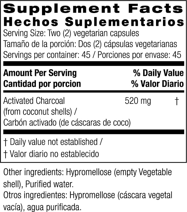 Bio Nutrition Activated Coconut Charcoal pour image showing convenient use for gas relief