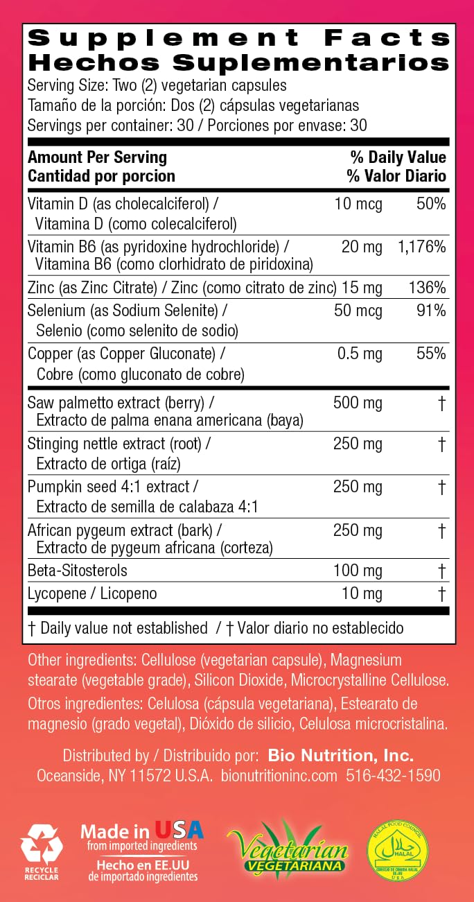 Bio Nutrition Bienestar Prostático dosis diaria, práctico suministro de 60 cápsulas
