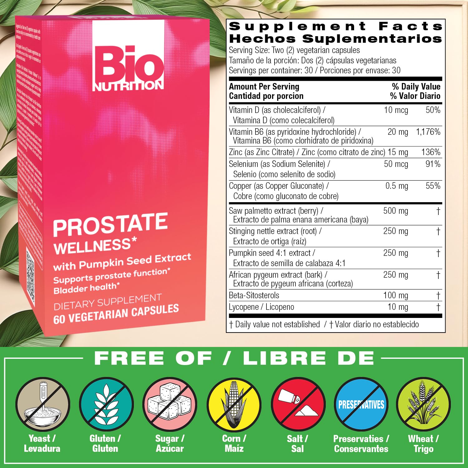 Bio Nutrition Bienestar Prostático etiqueta cercana, ingredientes naturales visibles