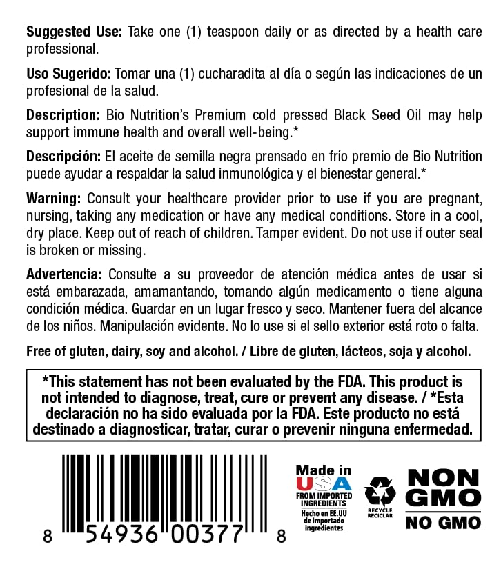 Bio Nutrition Black Seed Oil label closeup emphasizes non-GMO and solvent-free processing