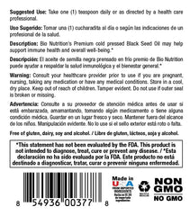 Bio Nutrition Black Seed Oil label closeup emphasizes non-GMO and solvent-free processing