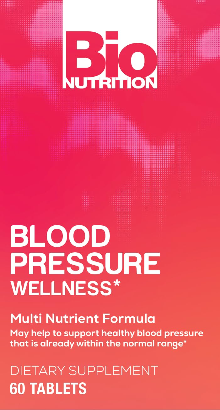 Bio Nutrition Blood Pressure Wellness Tabs bottle with glass of water for easy daily intake.
