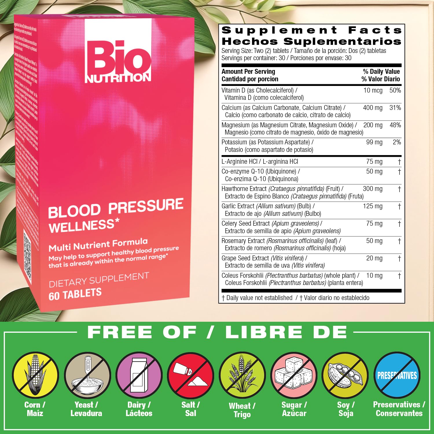 Bio Nutrition Blood Pressure Wellness Tabs label close-up showing essential nutrients for daily wellness.