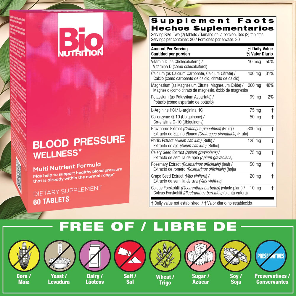 Bio Nutrition Blood Pressure Wellness Tabs label close-up showing essential nutrients for daily wellness.