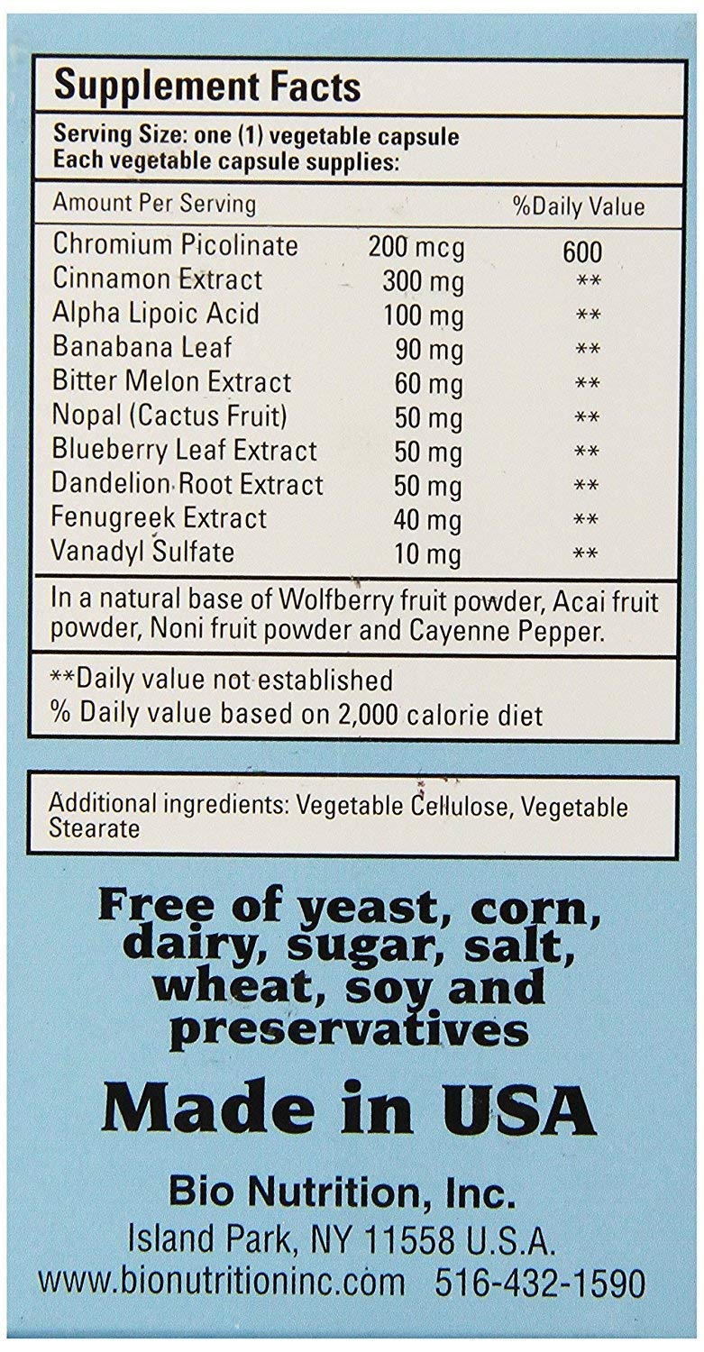Bio Nutrition Blood Sugar Wellness bottle label highlights ingredients for daily balance.