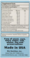 Bio Nutrition Blood Sugar Wellness bottle label highlights ingredients for daily balance.