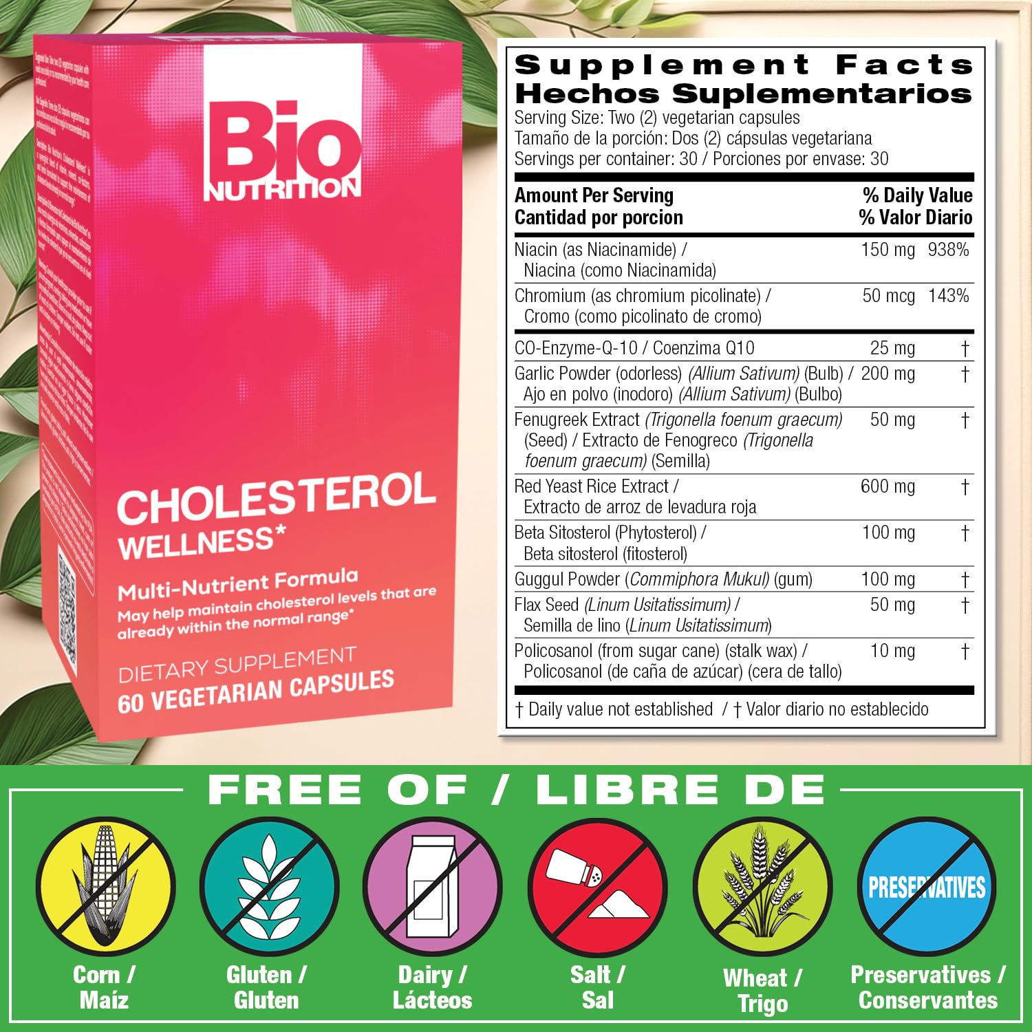 Bio Nutrition Cholesterol Wellness capsules highlight a vegetarian formula for everyday balance.
